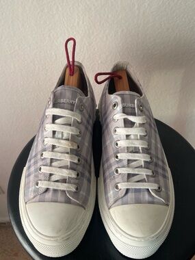 Burberry Men’s Light Gray Check Cotton Sneakers with White Soles